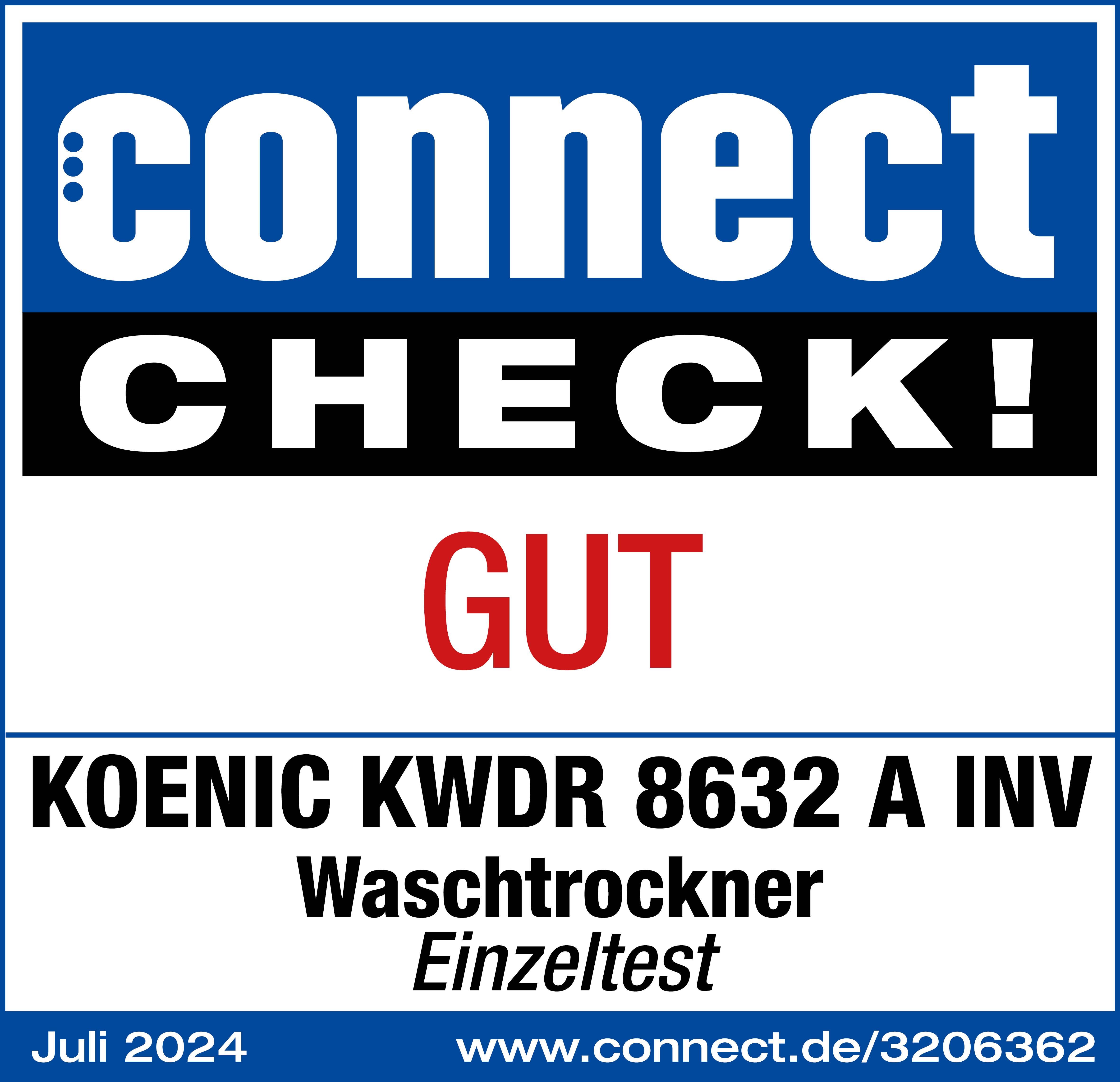 Connect CHECK! Label. KOENIC KWDR 8632 A INV Waschtrockner 'GUT'. Juli 2024.